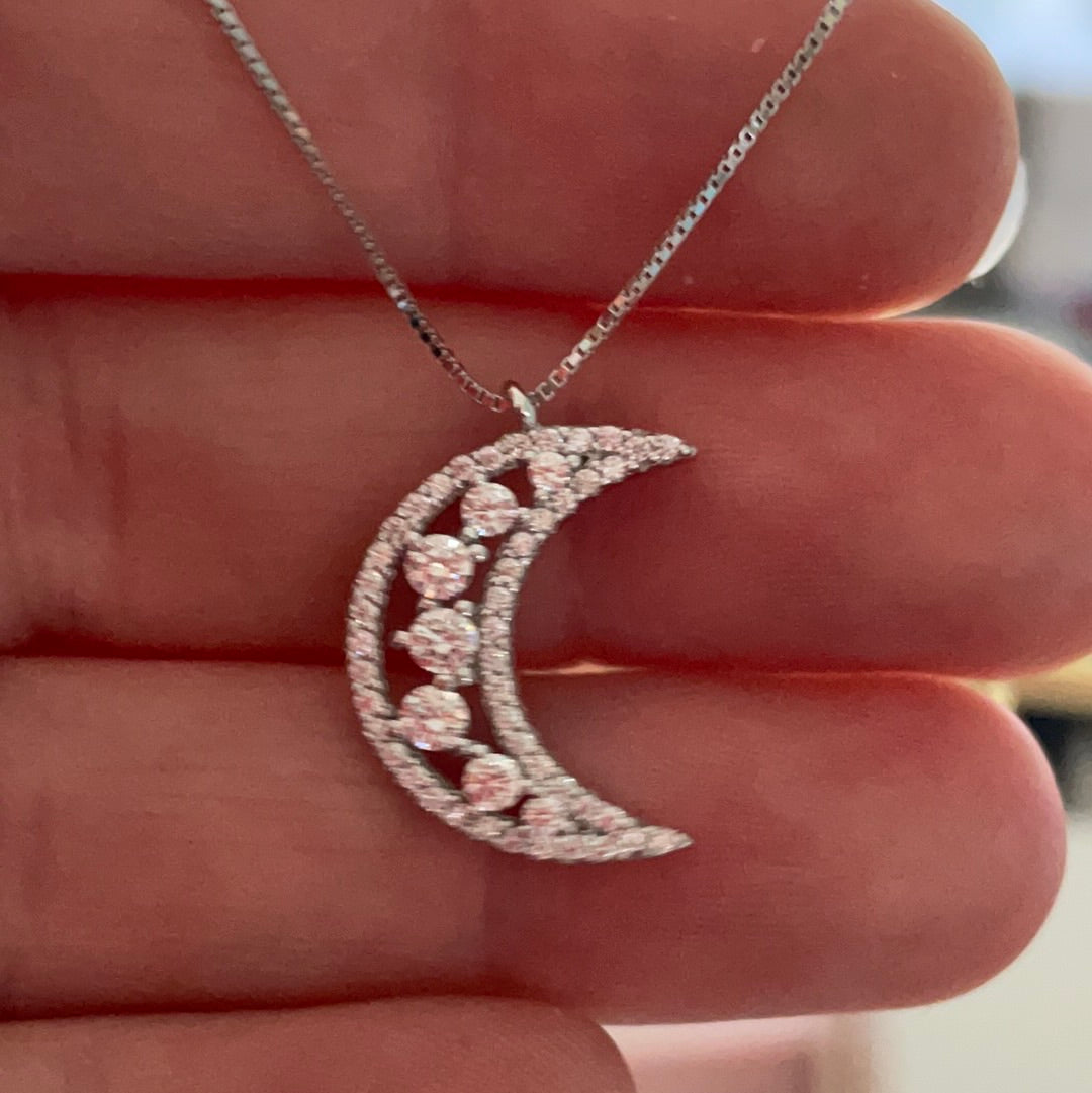 Brand New Sterling Silver Pave Cz Openwork Moon Necklace BEAUTIFUL