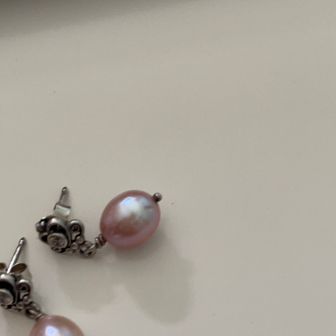 Genuine Pandora Fairy-tale Tiara Regal Stud Earrings With Pink Dangle Pearl RARE HTF