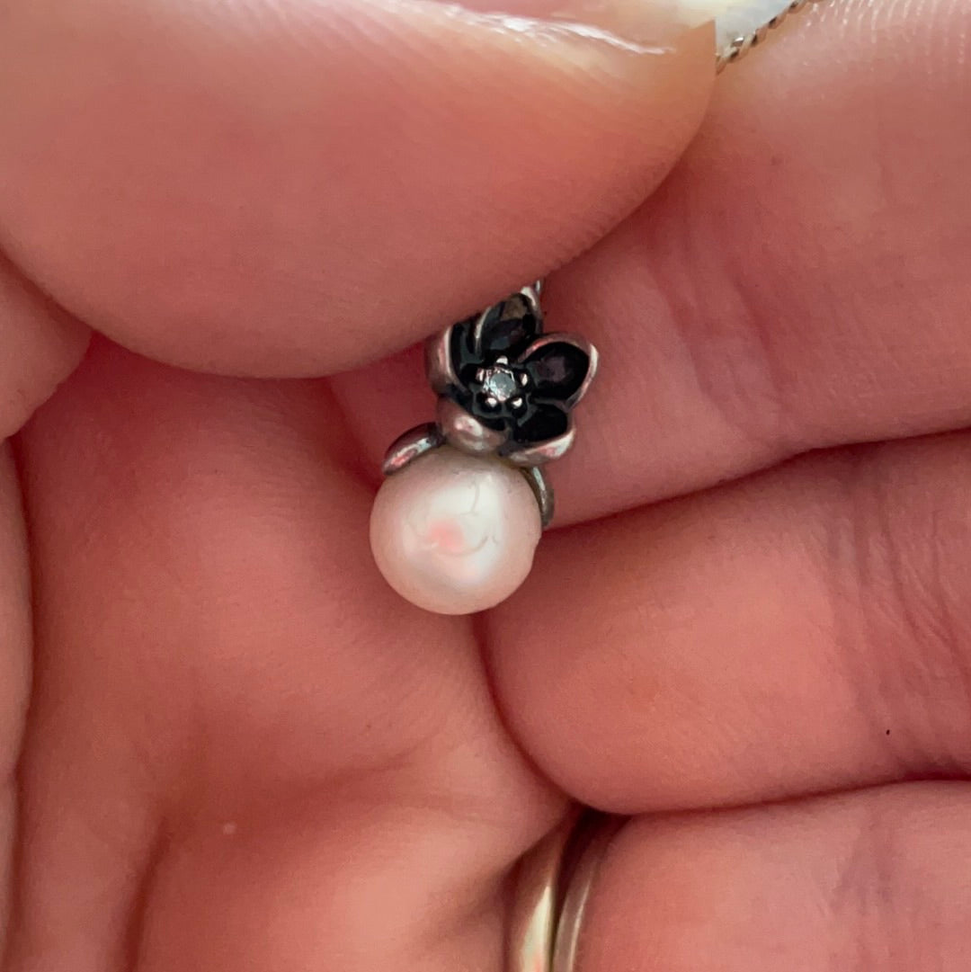 Genuine Pandora Rare Pearl Necklace Pendent with Mystic Flower