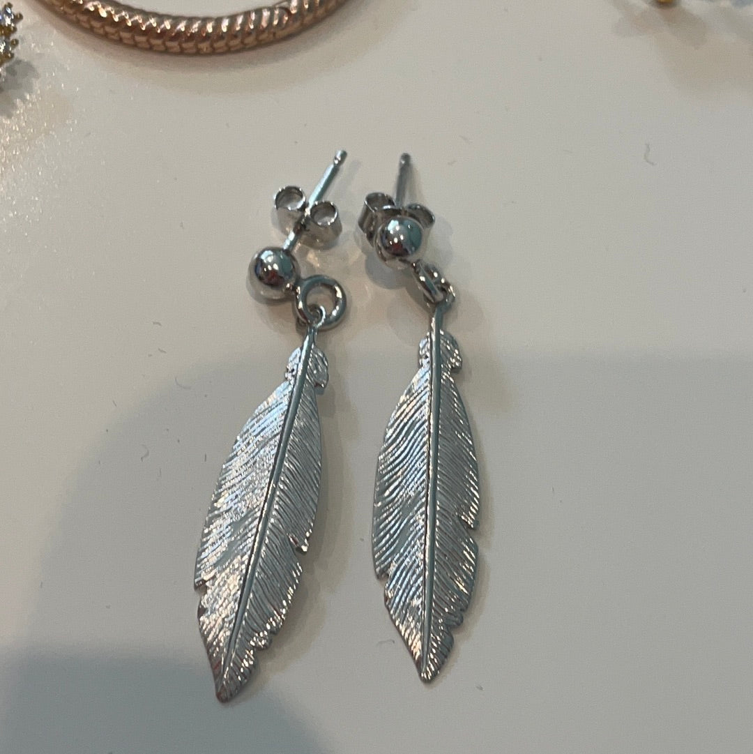 Brand New Sterling Silver Dangling Feather Earrings