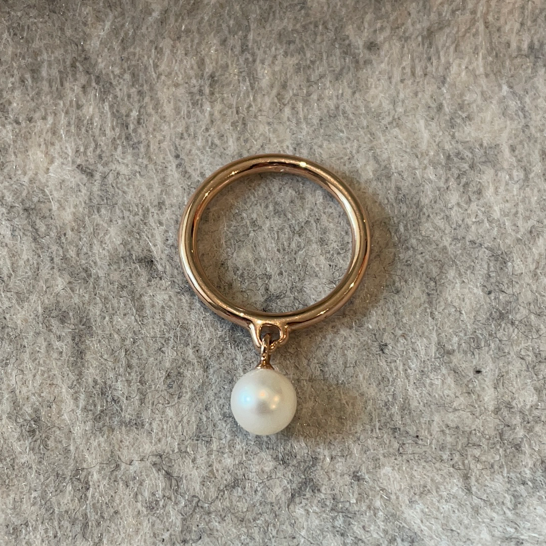 Genuine Pandora Rose Gold Ring With White Pearl Dangle