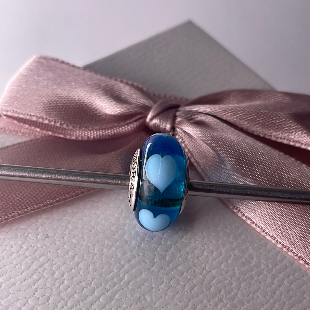 Genuine Pandora Blue Murano Glass Charm with Light Blue Heart Charm