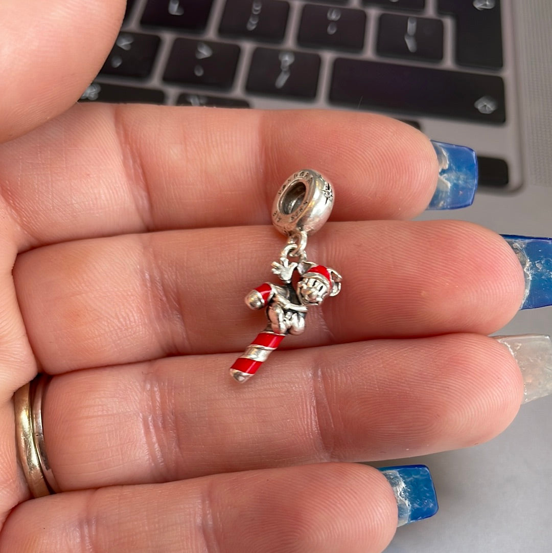 Genuine Pandora Disney Enamel Christmas Candy Cane Mickey Mouse Charm Dangle