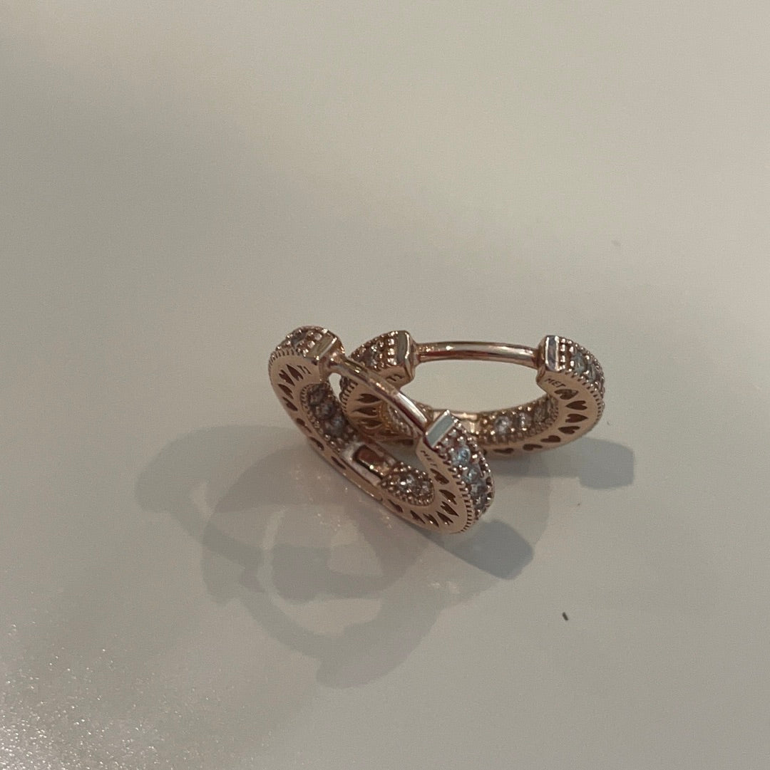 Genuine Pandora Rose Gold Radiant Heart Pave earrings Hoops