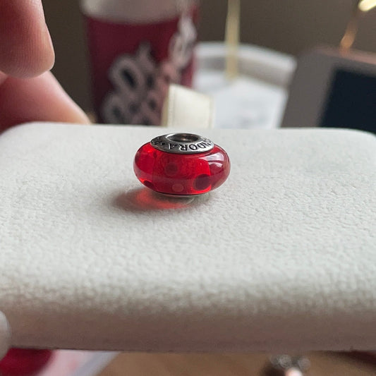 Genuine Pandora Glass Murano Charm Red and Orange Polka Dot