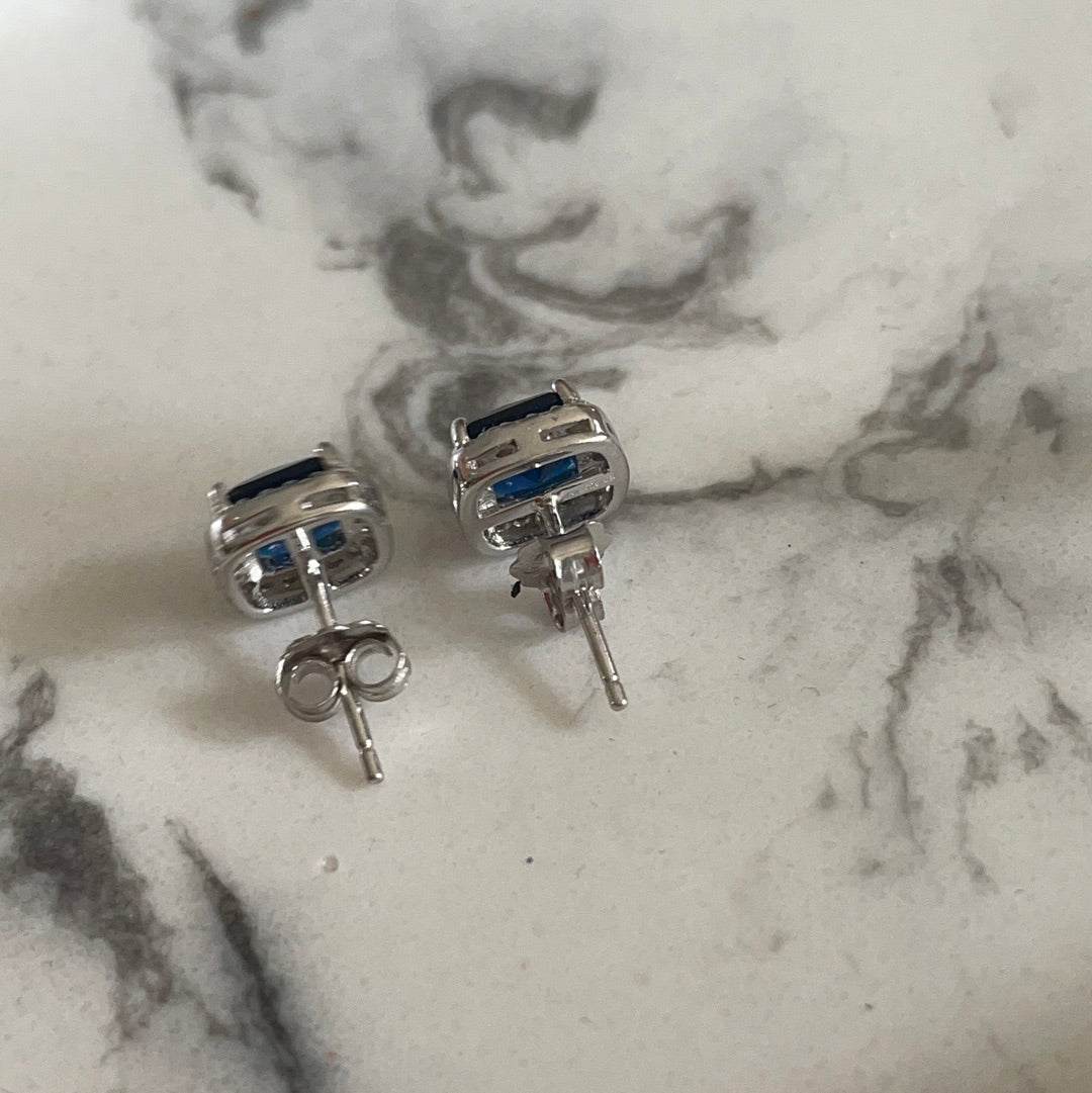 Brand New Sterling Silver CZ Blue Stone Pave Studs Beautiful