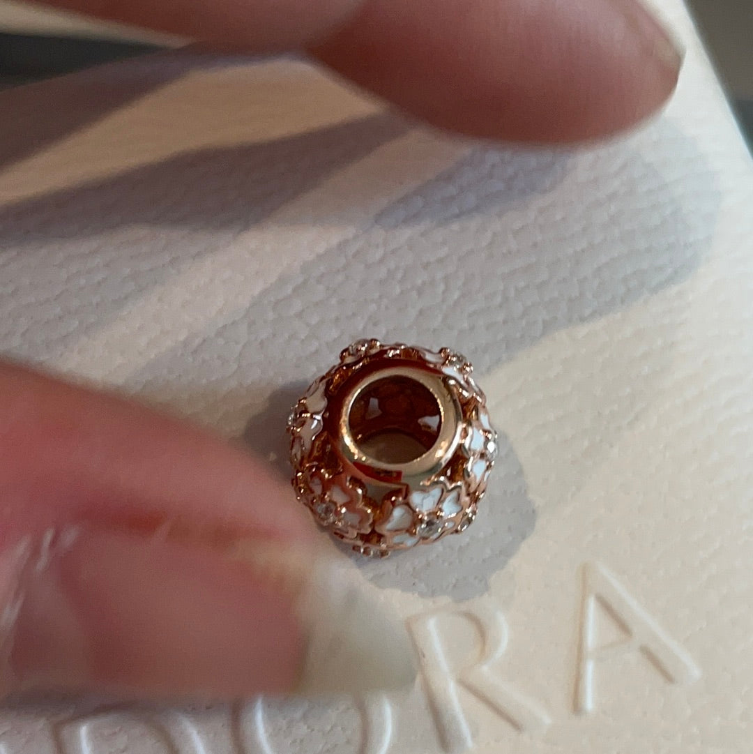 Genuine Pandora Rose Gold White Enamel Open Work Flower Charm CZ