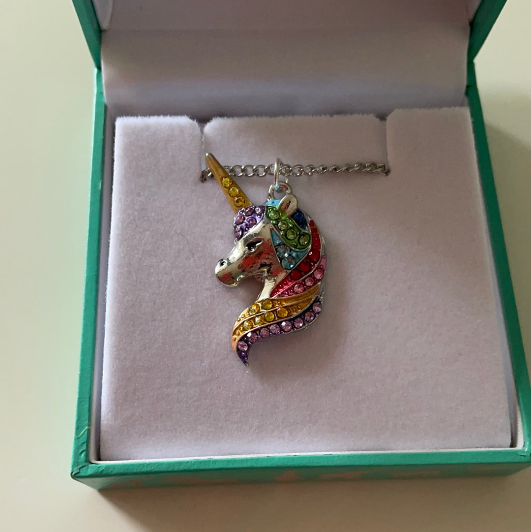 Brand New Silver Plated Enamel Colourful Unicorn Necklace IN BOX