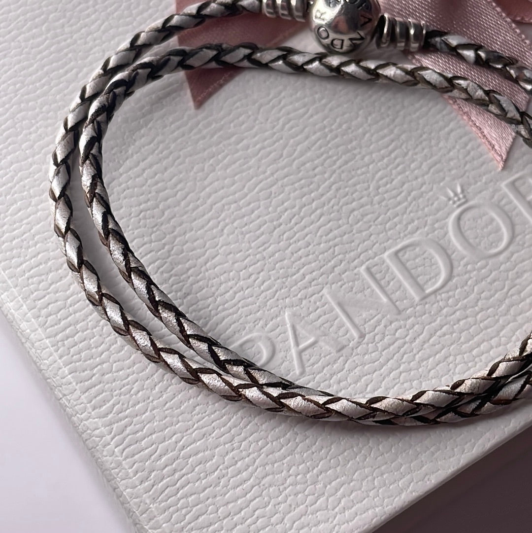 Genuine Pandora Cream and Brown/Gold Double Leather Wrap Bracelet Medium