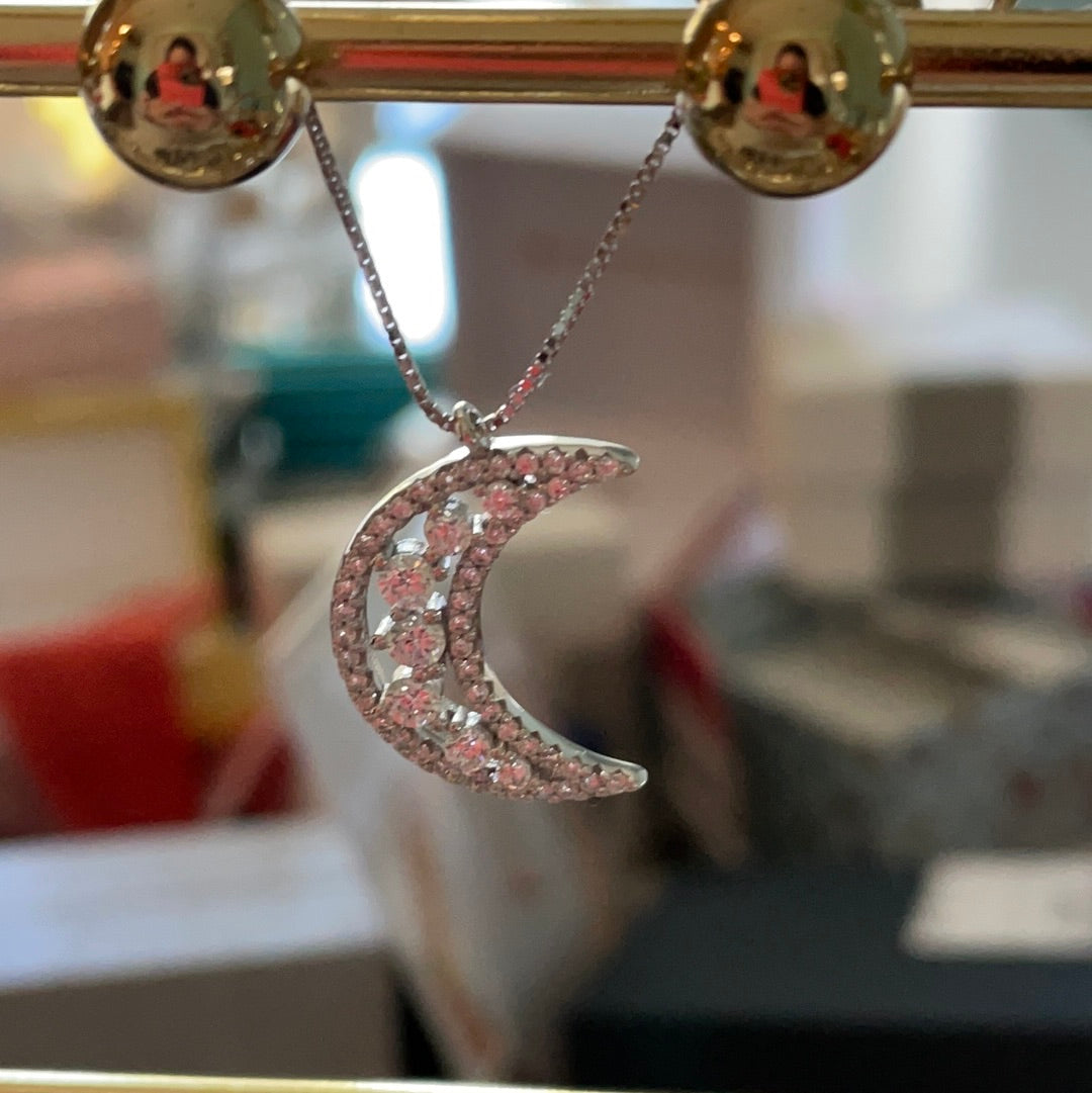 Brand New Sterling Silver Pave Cz Openwork Moon Necklace BEAUTIFUL