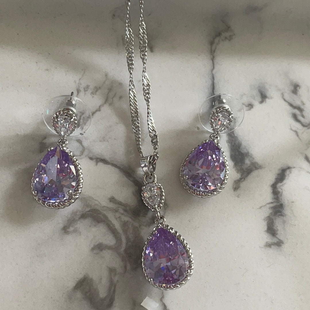 Brand New Set of Earrings and Necklace With Pale Purple Stone Pave