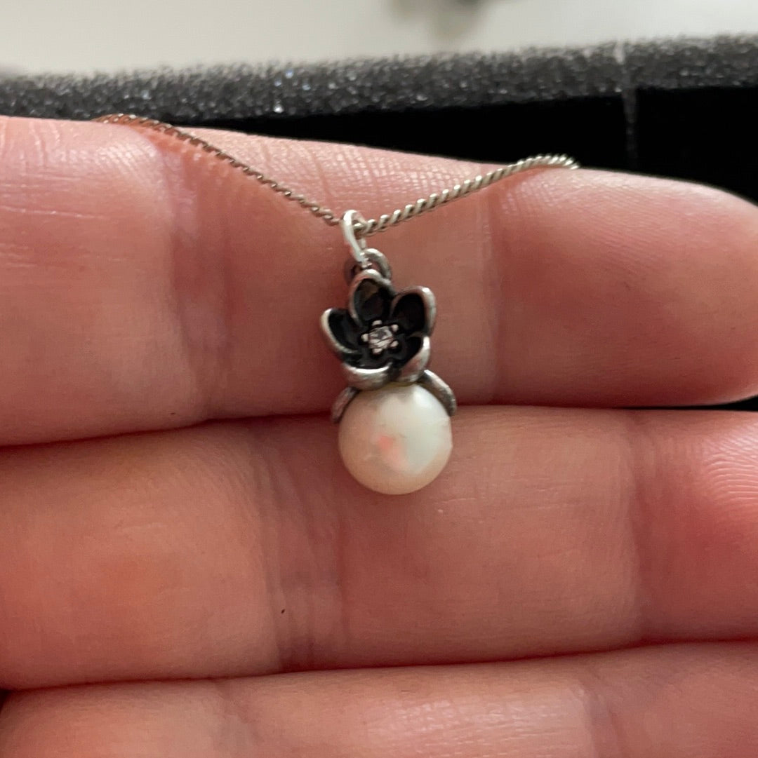 Genuine Pandora Rare Pearl Necklace Pendent with Mystic Flower