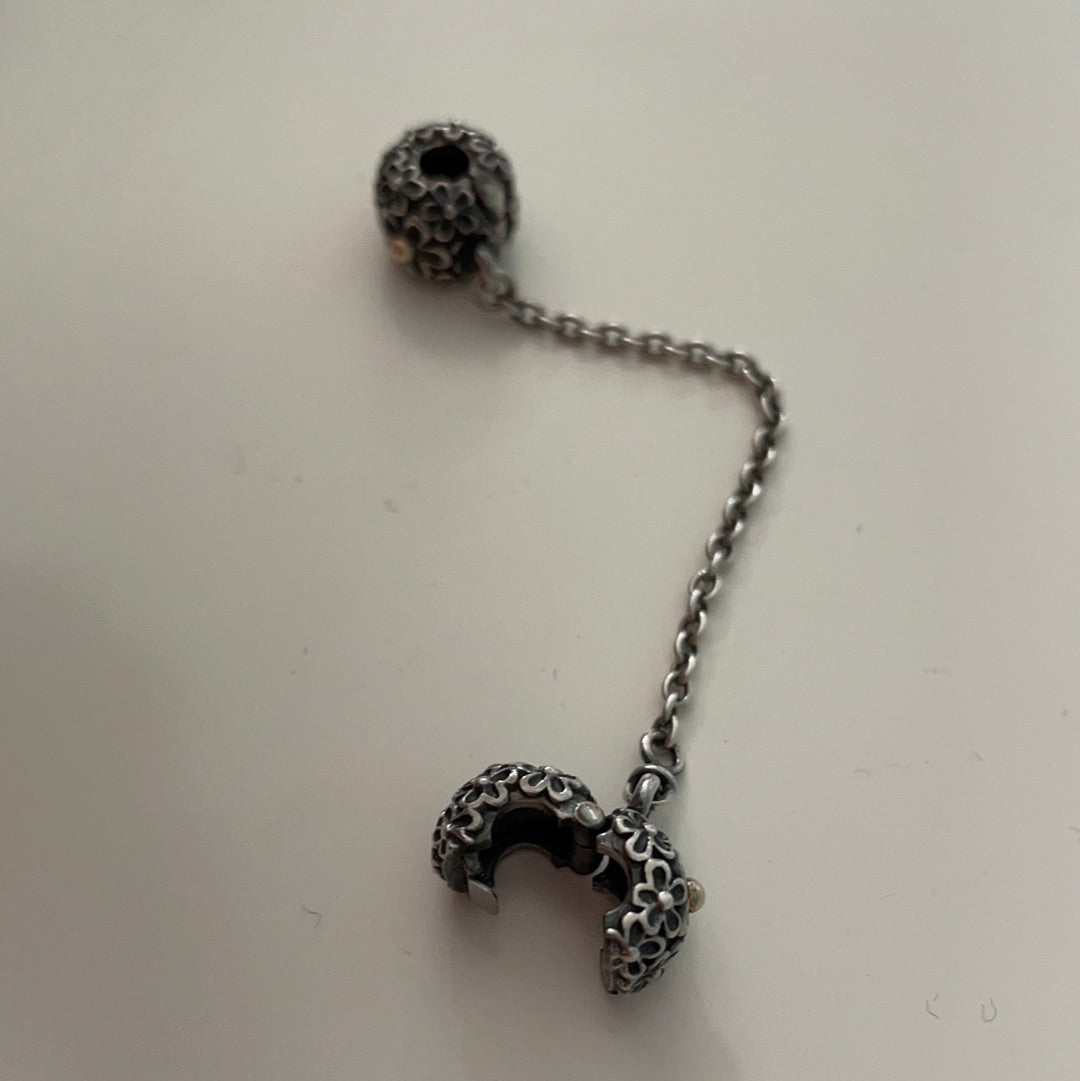 Genuine Pandora Two Tone Safety Chain HTF RARE Flower Bouquet Clip