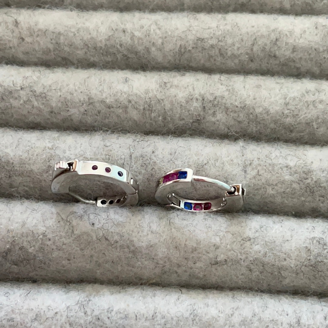 Brand New Sterling Silver Small Sleeper Hoops With Rainbow Coloured CZ Pave Earrings