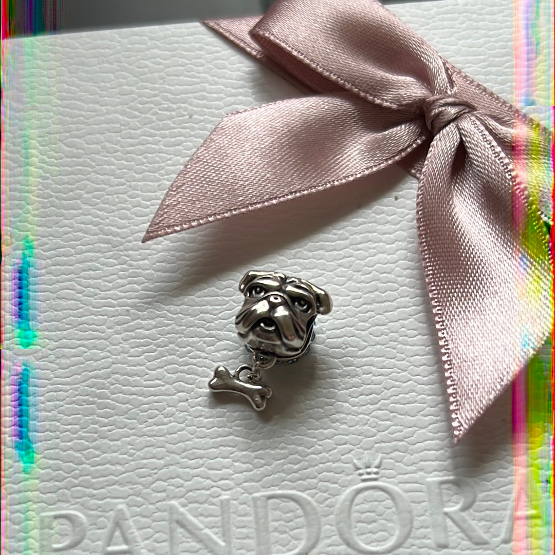 Sterling Silver Dog Face Charm Puppy With Bone
