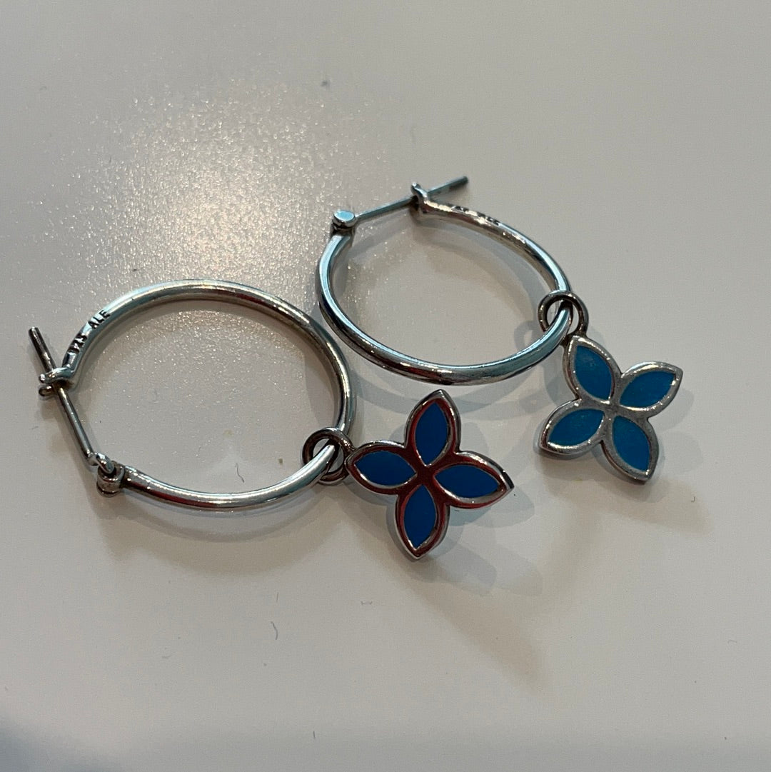 Genuine Pandora Hoops and Blue Enamel Flower Dangle Compose Earrings RARE