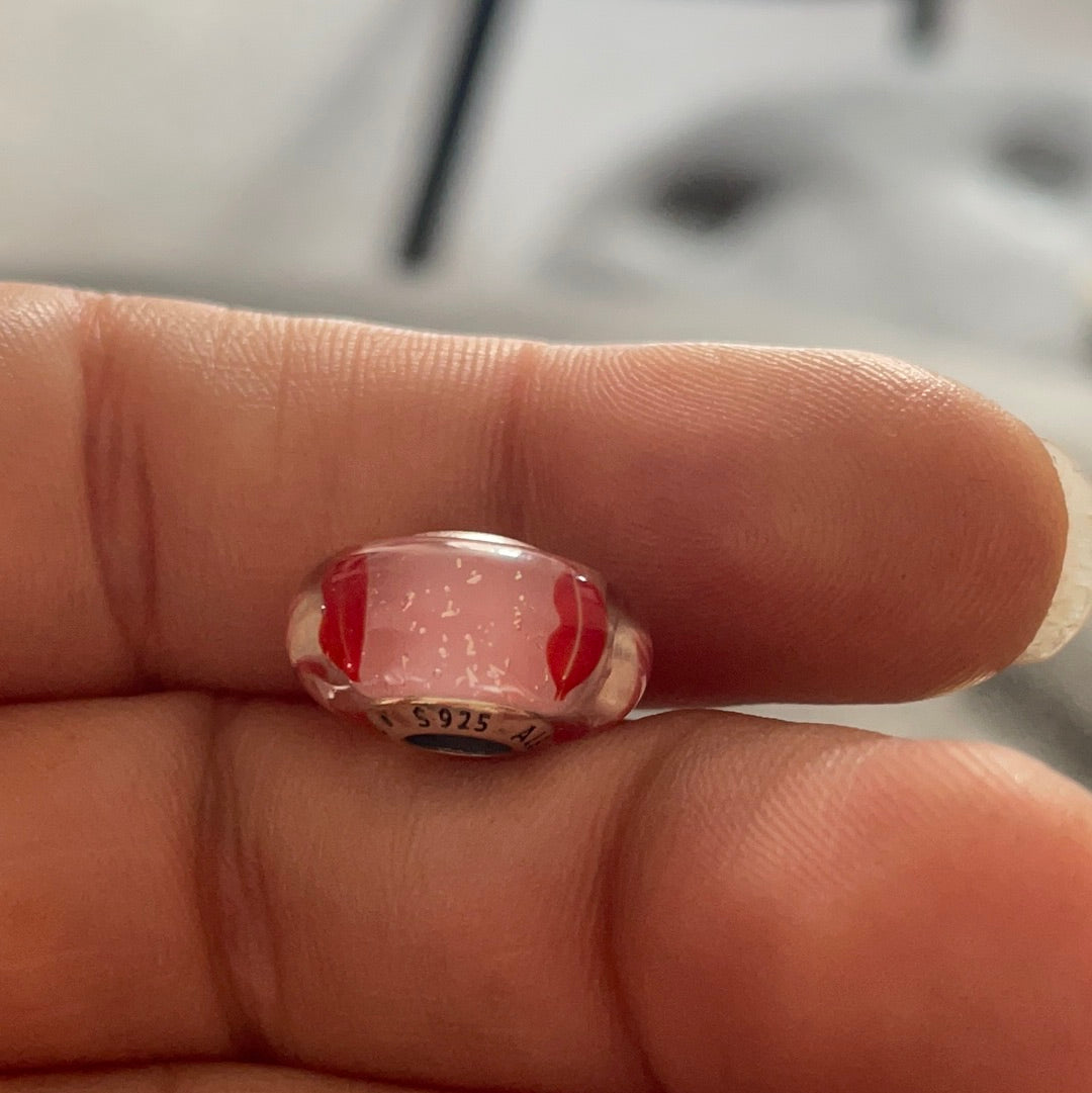 Genuine Pandora Pink Glitter with Red Lips Kiss Murano Charm