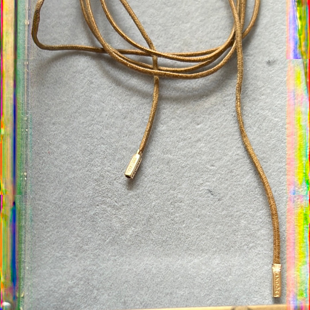 Genuine Pandora Light Tan Leather Lariat String with Solid Gold G585 Ends Rare 90cm