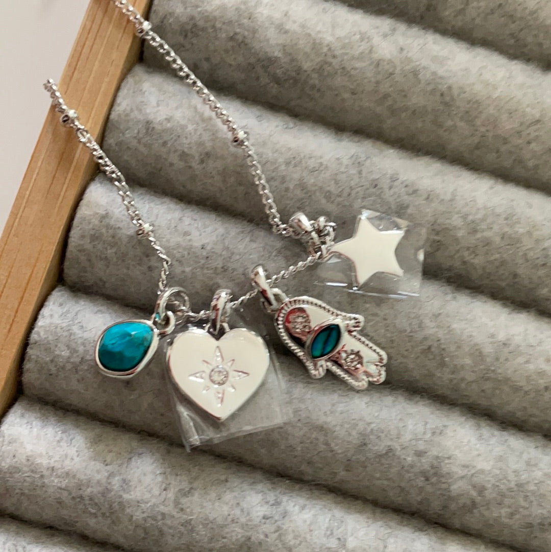 Brand New Sterling Silver Beaded Chain Necklace With Four Pendants Hamsa Hand, Turquoise Stone, Star and Heart With CZ