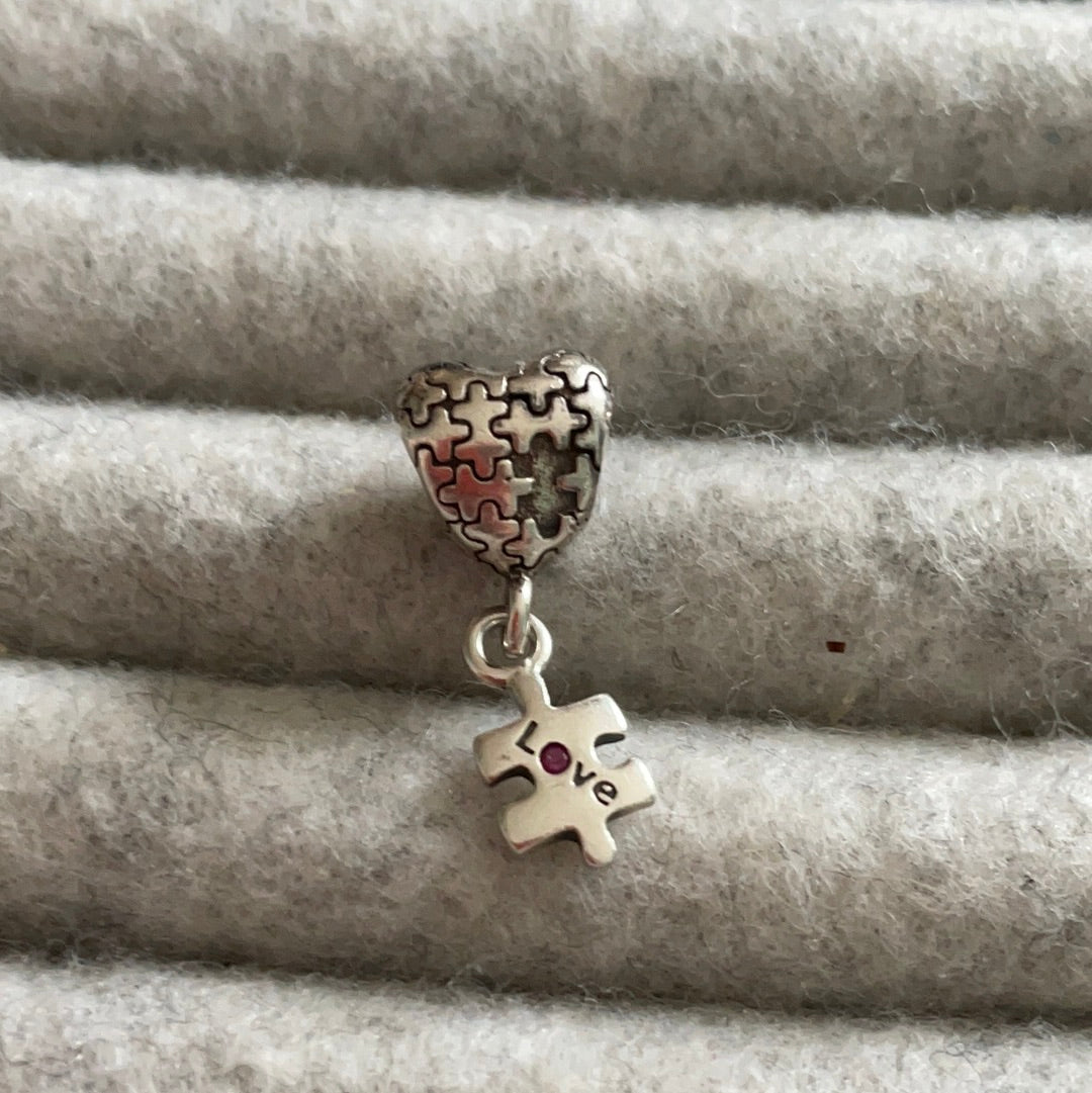 Sterling Silver Jigsaw Piece Autism Awareness Charm Dangle with Love on the Piece