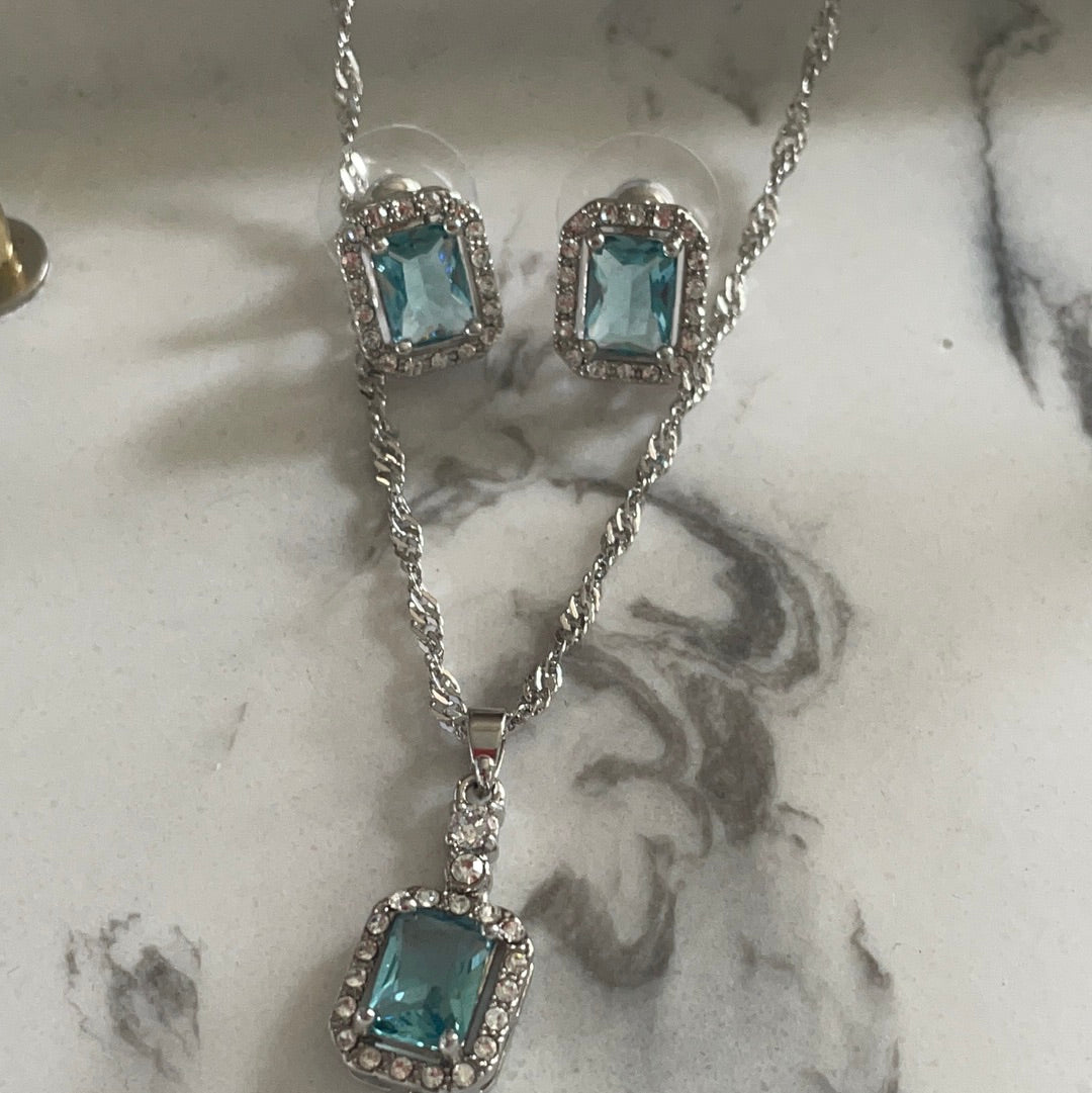 Brand New Set of Earrings and Necklace With Pale Blue Stone Pave