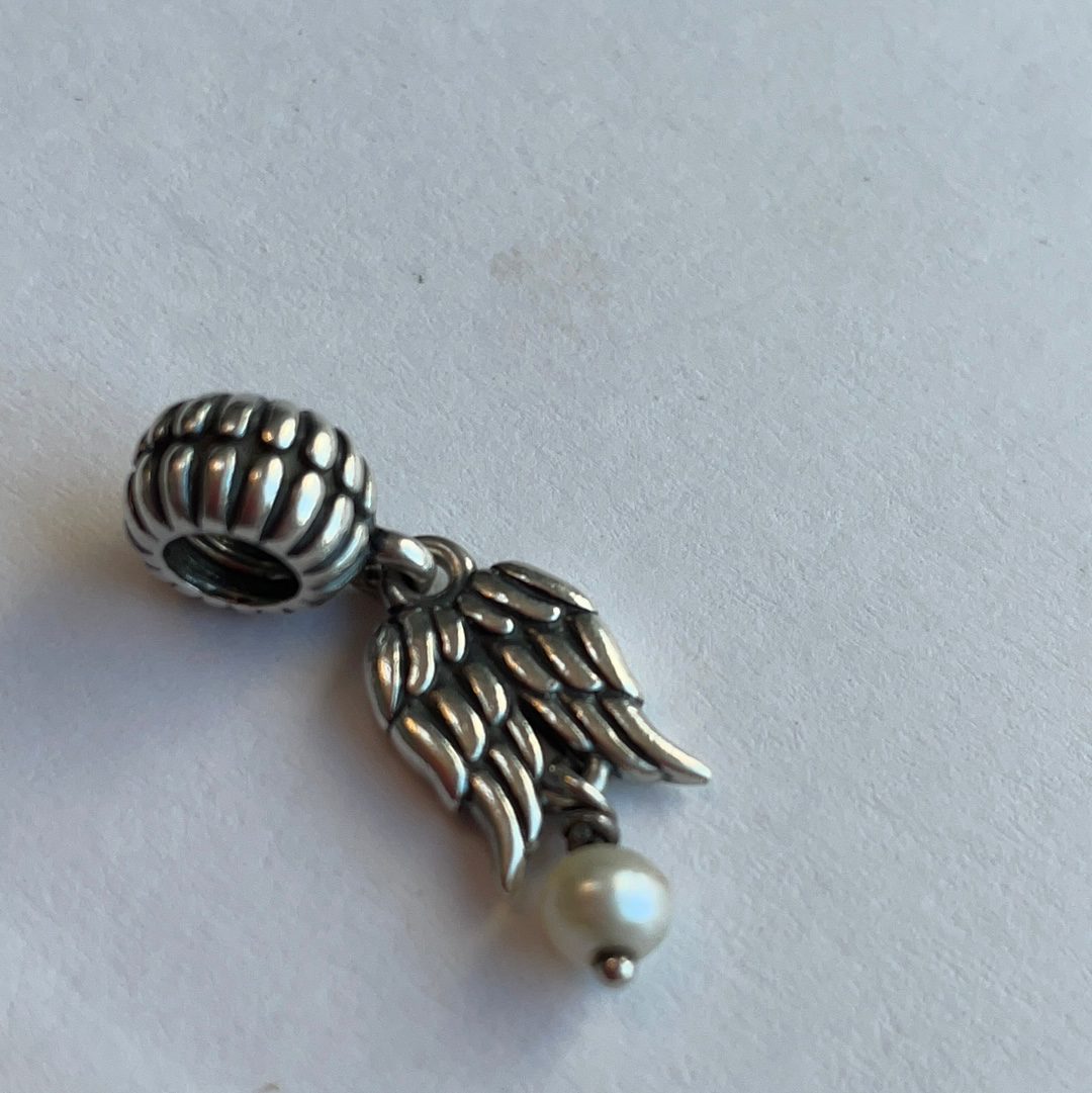 Genuine Pandora Angel Wing Charm Feathers Pearl Dangle