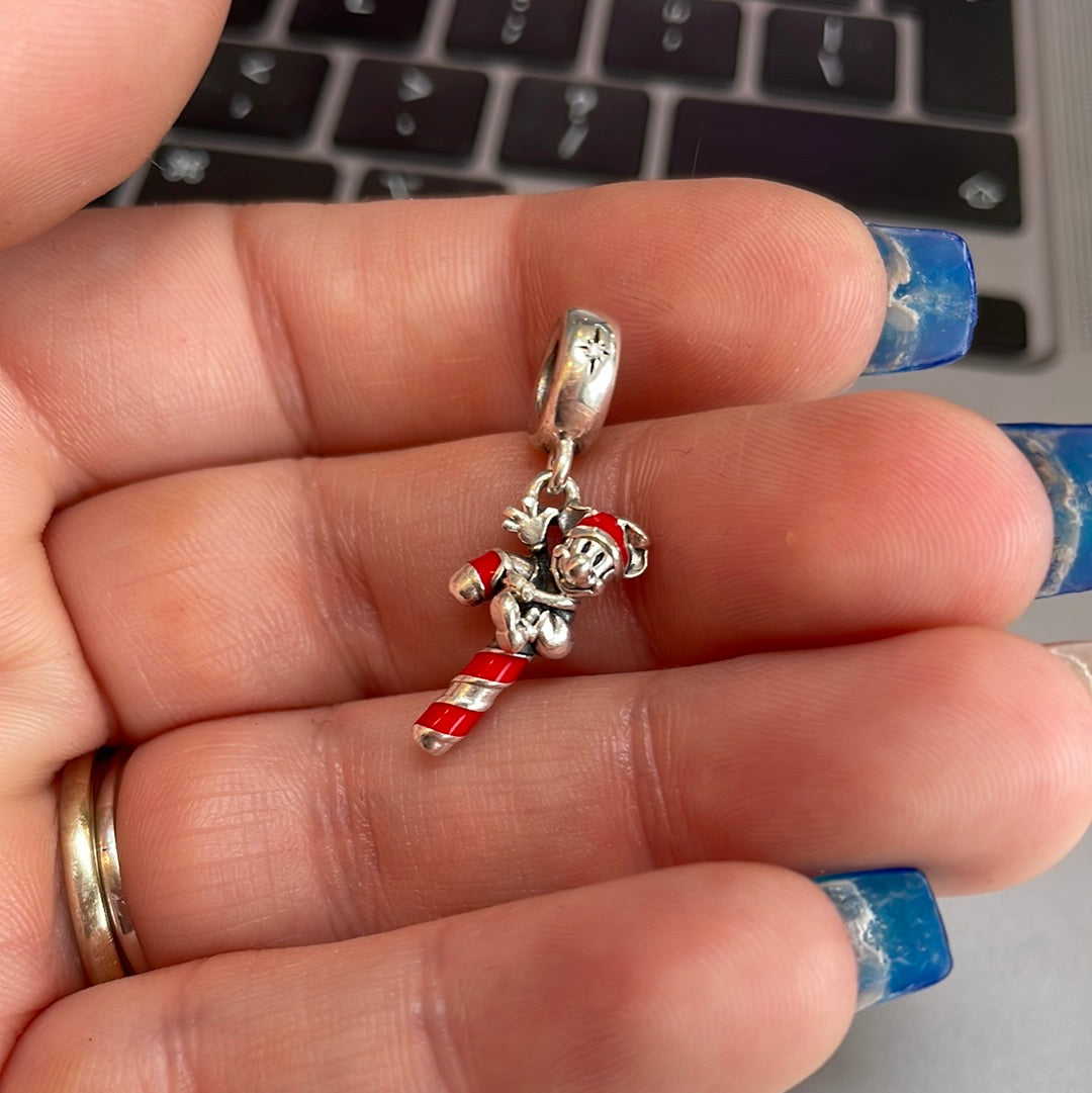 Genuine Pandora Disney Enamel Christmas Candy Cane Mickey Mouse Charm Dangle