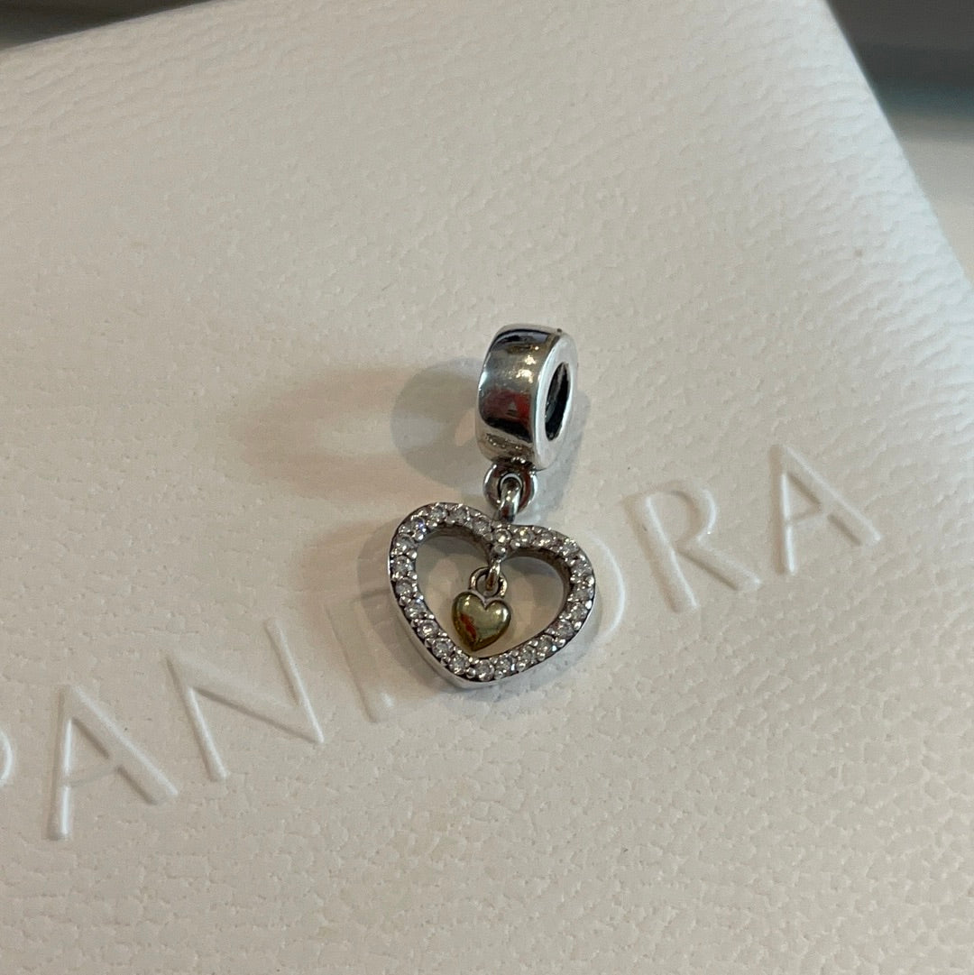 Genuine Pandora Two Tone Dangle Pave Heart With Gold Heart Inner Dangle