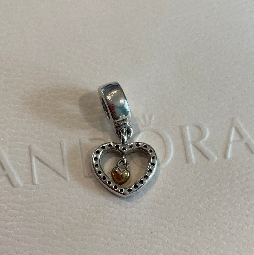 Genuine Pandora Two Tone Dangle Pave Heart With Gold Heart Inner Dangle