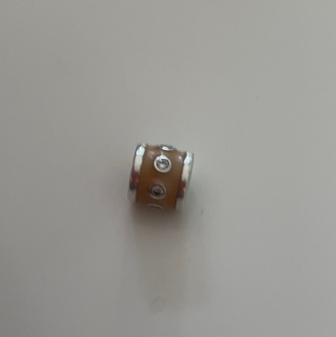 Genuine Pandora Tan Brown Enamel Barrel charm With Clear CZ Rare