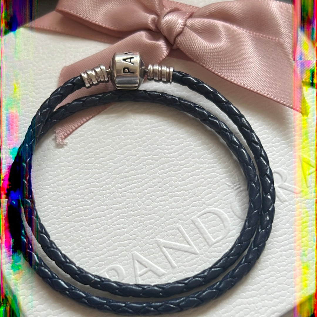 Genuine Pandora Blue Leather Bracelet Double Wrap Clasp