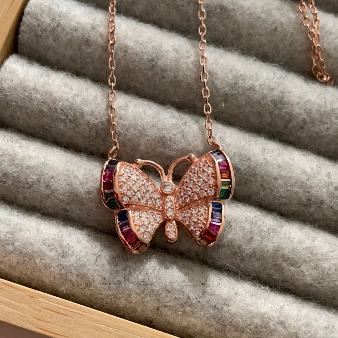 Brand New Rose Gold Pave CZ Rainbow Butterfly Necklace STUNNING