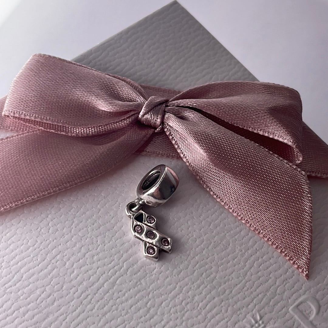 Genuine Pandora Ribbon Pave Pink Dangle Charm Cancer