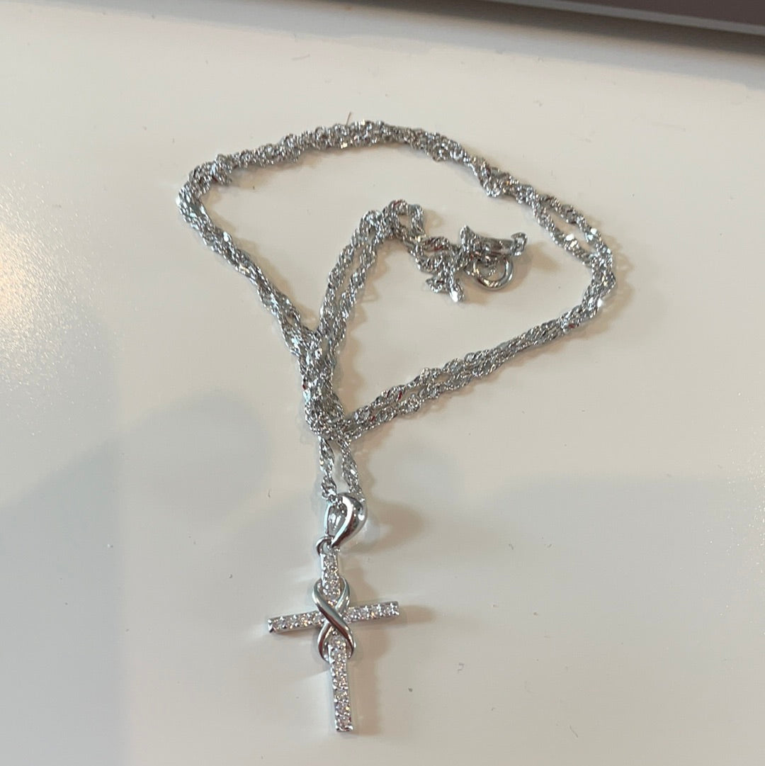 Sterling Silver Pave Infinity Cross Dangle Pendant on a Sterling Silver Twisted Necklace Chain BEAUTIFUL and Dainty