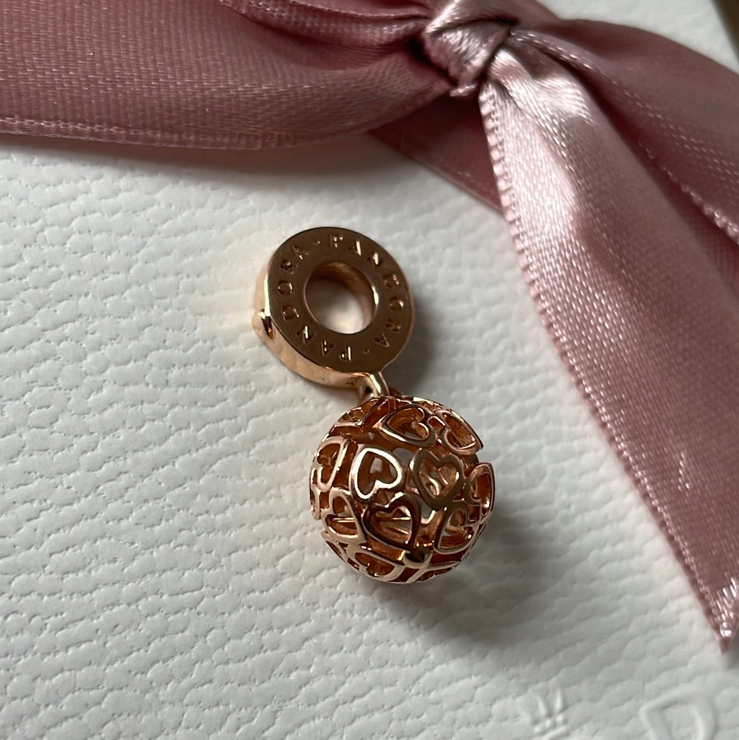 Genuine Rose Gold Heart Openwork Dangle Charm