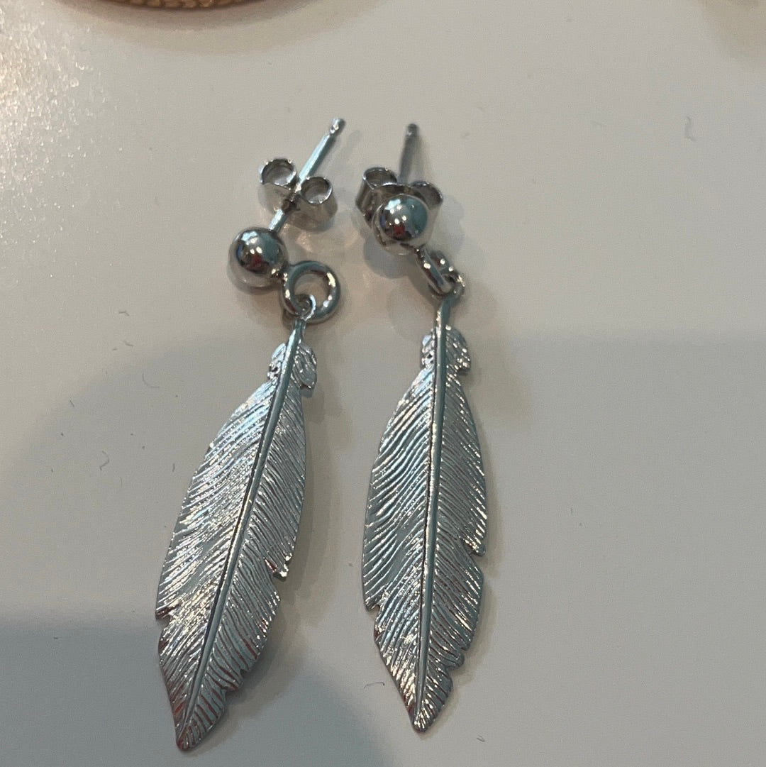 Brand New Sterling Silver Dangling Feather Earrings