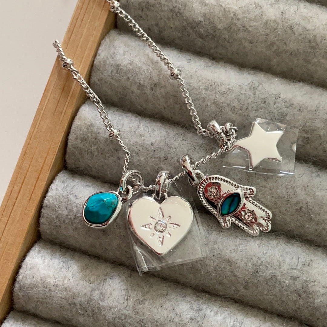 Brand New Sterling Silver Beaded Chain Necklace With Four Pendants Hamsa Hand, Turquoise Stone, Star and Heart With CZ