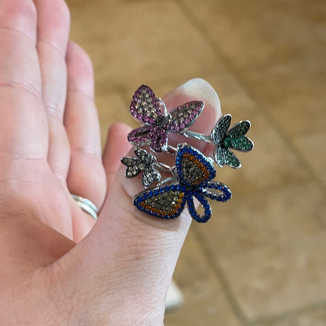 Brand New BEAUTIFUL Sterling Silver Pave Butterfly Ring in Various Colours and Sizes