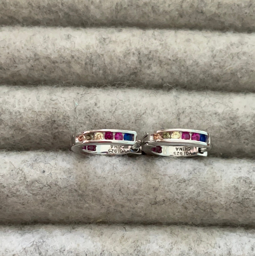 Brand New Sterling Silver Small Sleeper Hoops With Rainbow Coloured CZ Pave Earrings