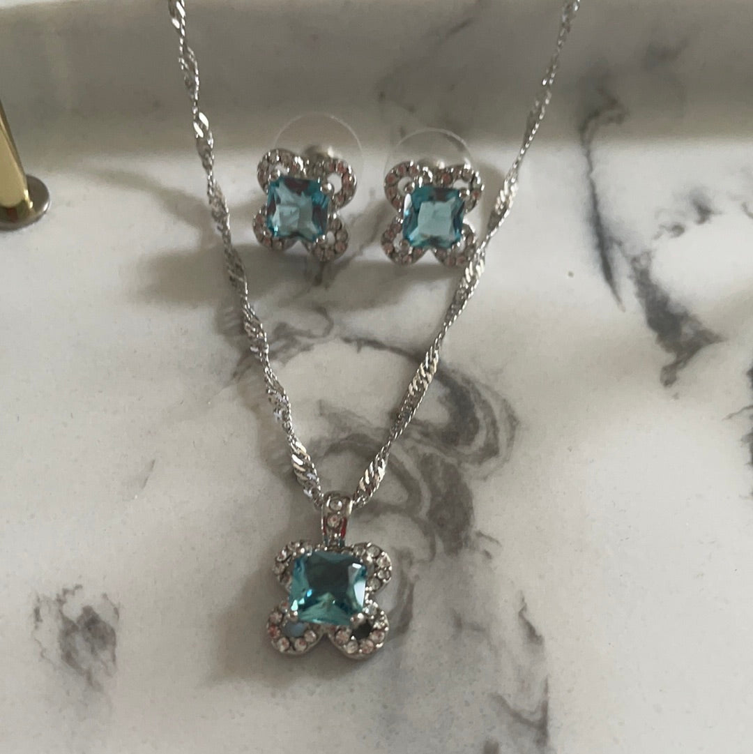 Brand New Set of Earrings and Necklace With Flower Pale Blue Stone Pave