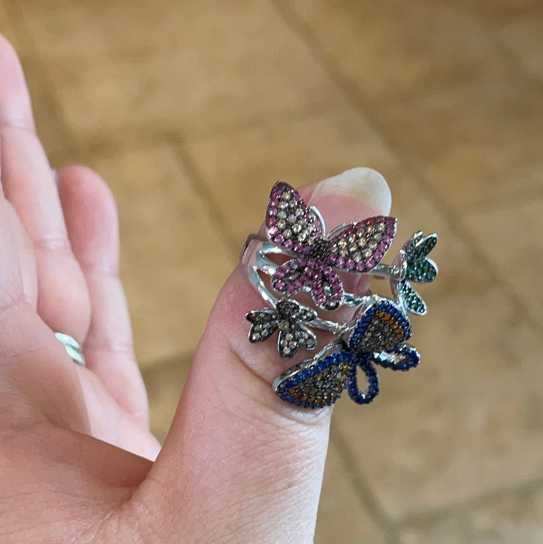 Brand New BEAUTIFUL Sterling Silver Pave Butterfly Ring in Various Colours and Sizes