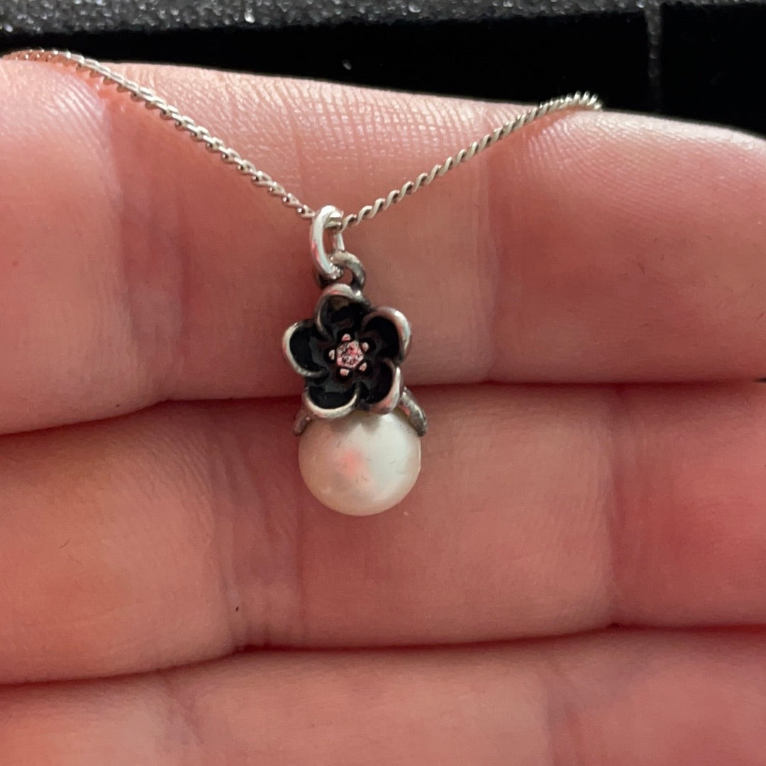 Genuine Pandora Rare Pearl Necklace Pendent with Mystic Flower