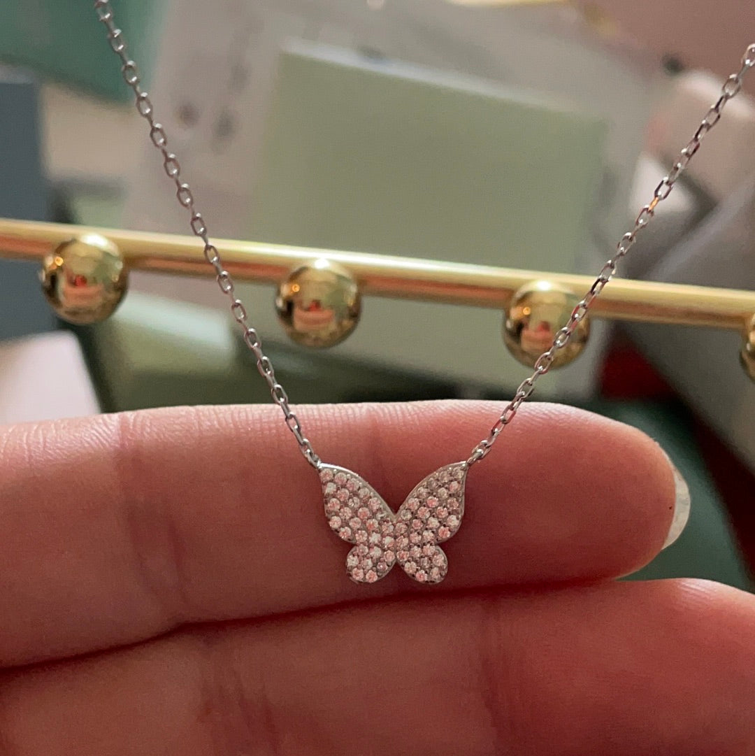 Brand New Pave CZ Butterfly Sterling Silver Necklace