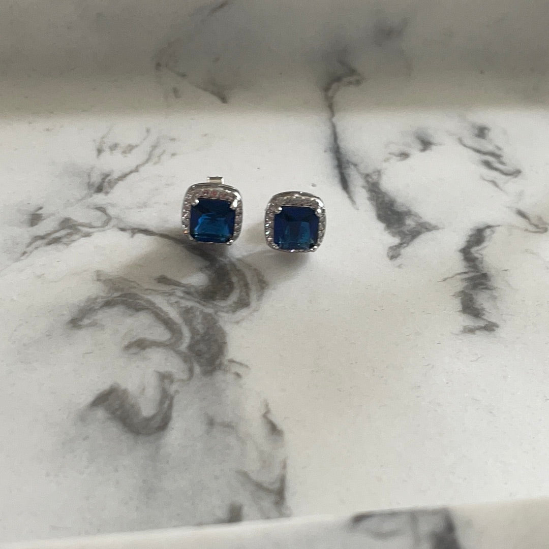 Brand New Sterling Silver CZ Blue Stone Pave Studs Beautiful