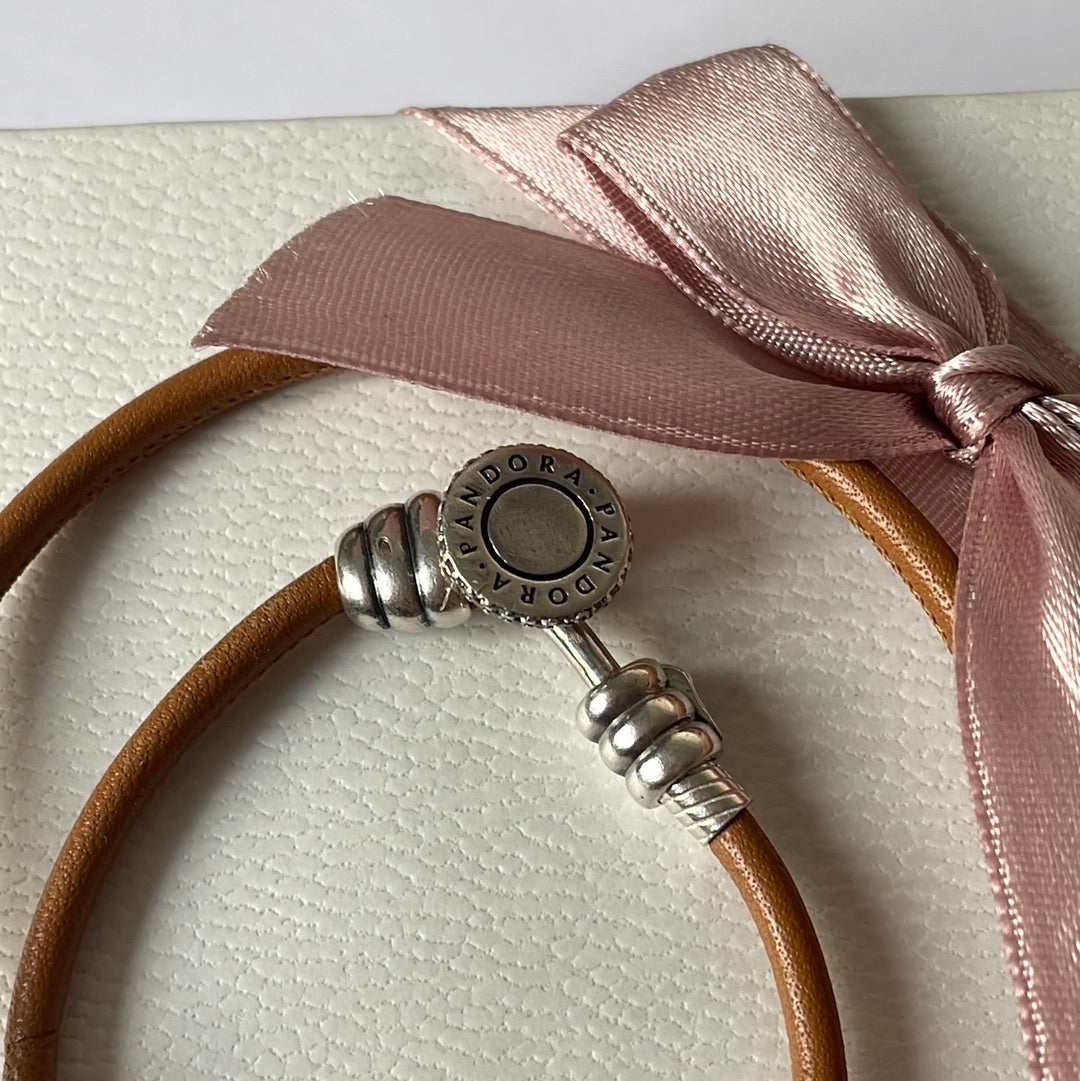 Genuine Pandora Tan Double Wrap Leather Bracelet New Style Pave Hook and Loop Style