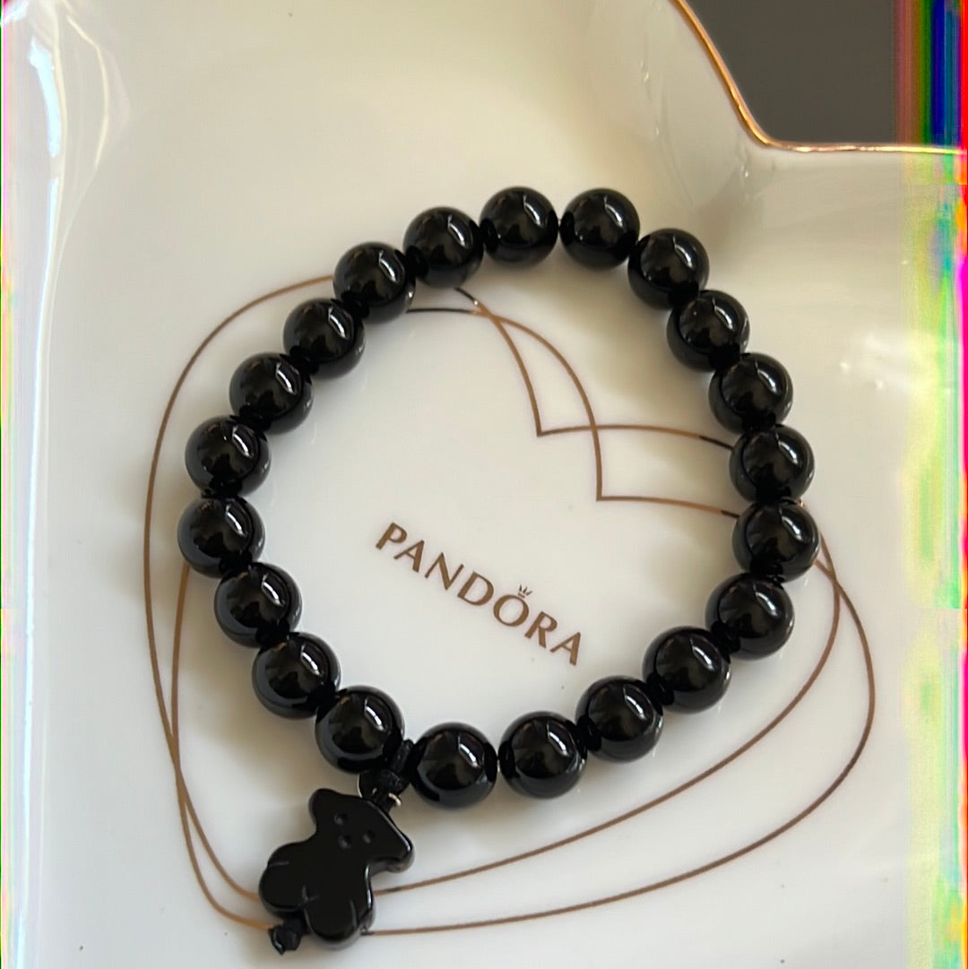 Genuine TOUS Onyx Beaded Bracelet with Black Bear Dangle Medium
