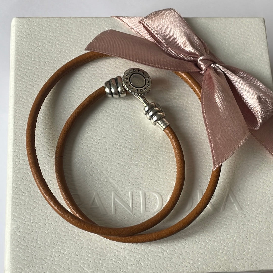Genuine Pandora Tan Double Wrap Leather Bracelet New Style Pave Hook and Loop Style