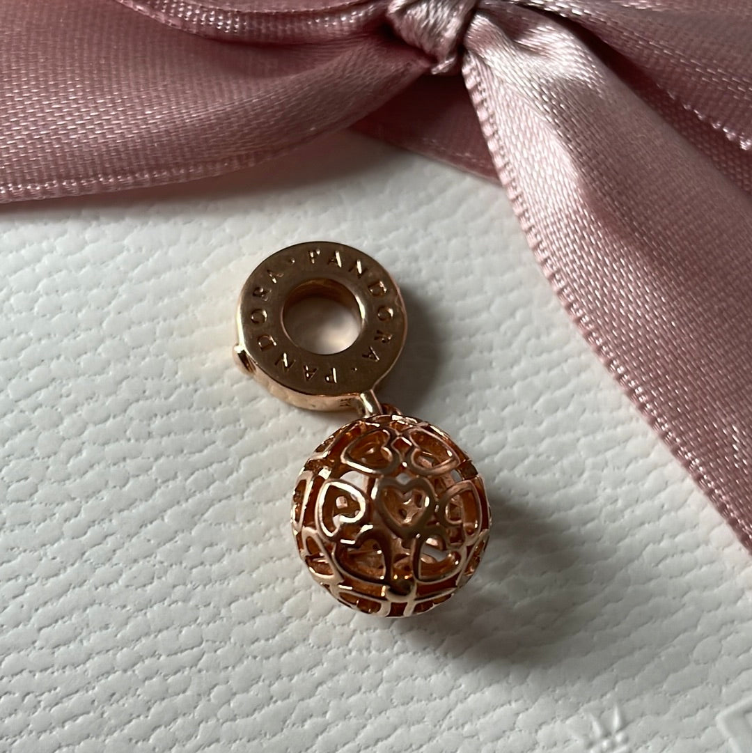 Genuine Rose Gold Heart Openwork Dangle Charm