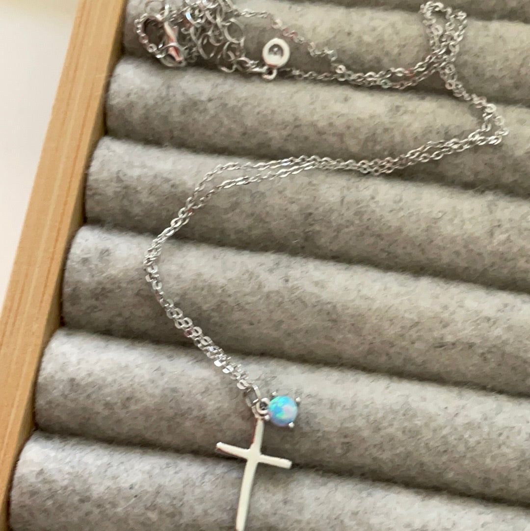 Brand New Sterling Silver Argento Cross and Opal Dangle Necklace BEAUTIFUL and Dainty