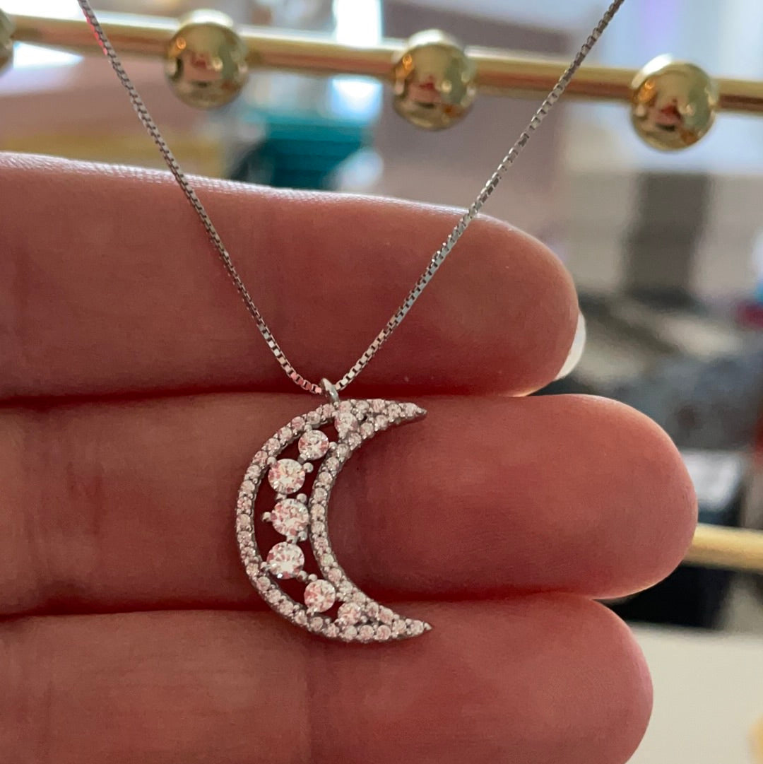 Brand New Sterling Silver Pave Cz Openwork Moon Necklace BEAUTIFUL